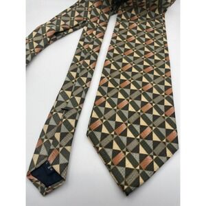 Lorenzo Selini Mens Geometric Mosaic Italian Silk Necktie Green Tan Orange USA